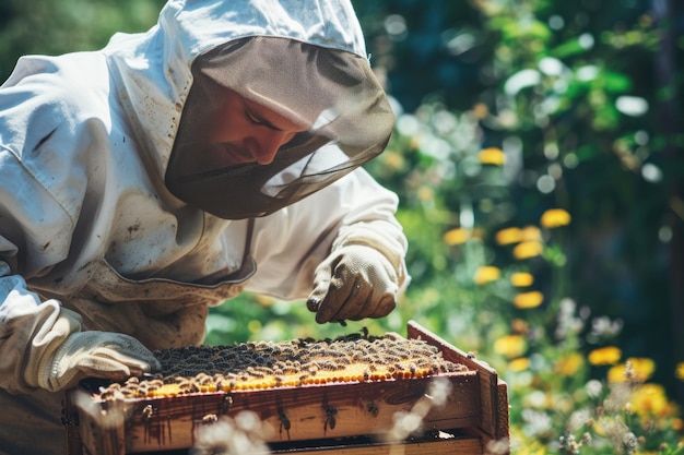Apicultor masculino vestindo fato de proteção verificando a colmeia de abelhas homem apicultor segurando cuidando da colmeia