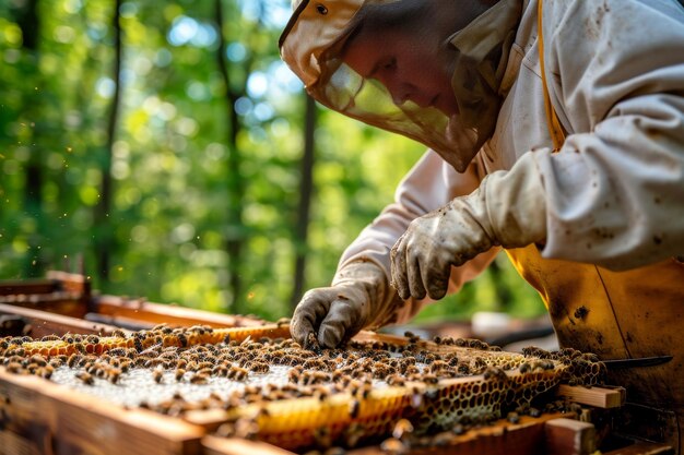 Un apicultor profesional que trabaja recogiendo miel de las colmenas