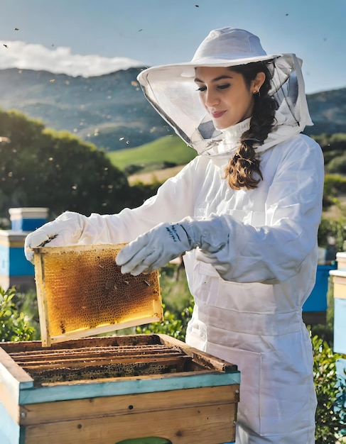 El apicultor que trabaja recoge la miel de los panales un concepto de apicultura de colmena