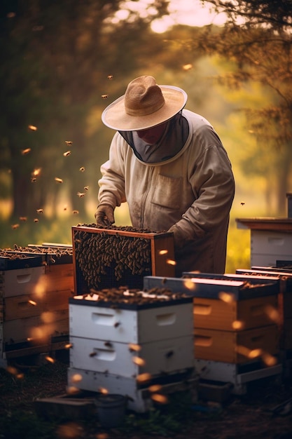 Foto un apicultor revisa las colmenas en el apiario foco selectivo