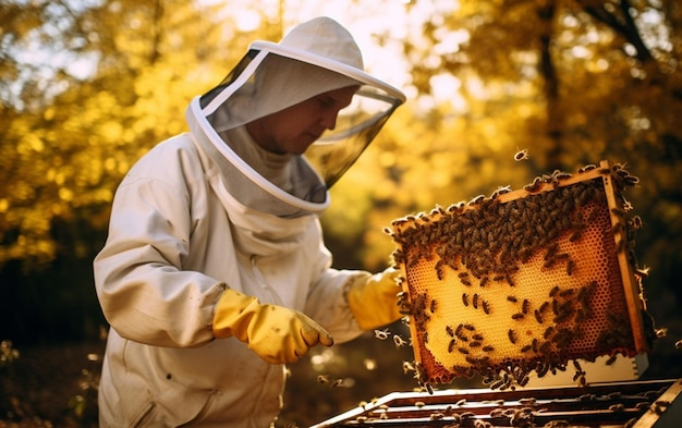 Apicultor con ropa de trabajo protectora con panal al aire libre