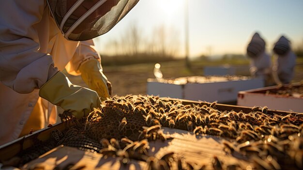 Foto apicultor sosteniendo una colmena llena de abejas con ropa de trabajo protectora inspeccionando el marco de la miel de la colmena en el apiario