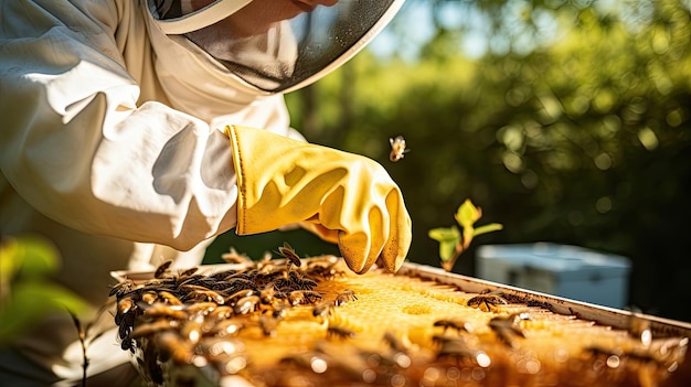 Foto apicultor sosteniendo una colmena llena de abejas con ropa de trabajo protectora inspeccionando el marco de la miel de la colmena en el apiario