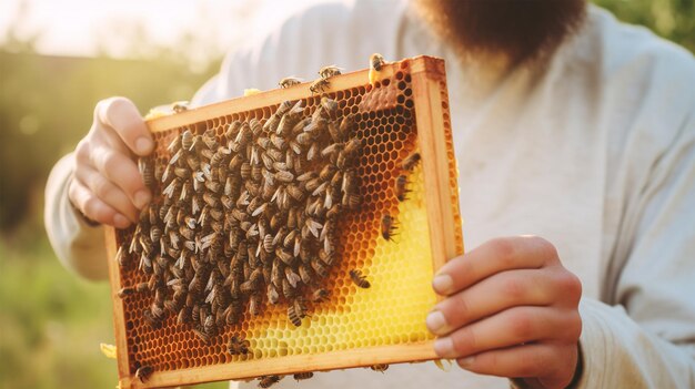 El apicultor sostiene una celda de miel con abejas en sus manos Apicultura Día Mundial de la Abeja