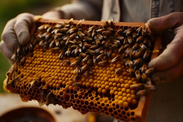 apicultor, tenencia, un, panal, lleno, de, abejas