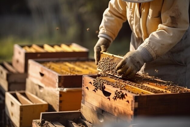 Apicultor trabajando con abejas en apiario Concepto de apicultura IA generativa