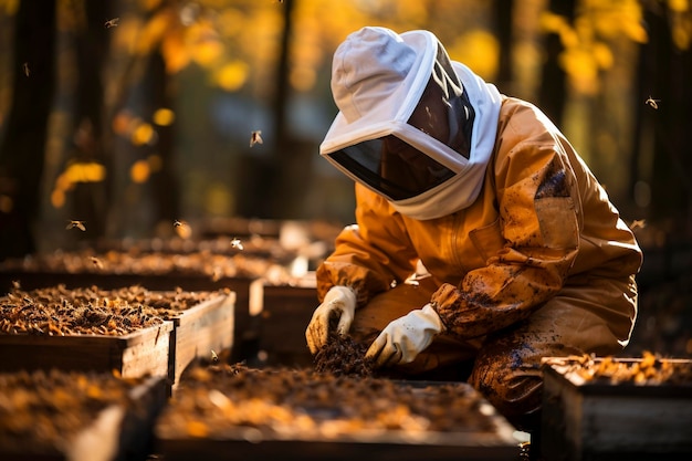 Apicultor trabajando con abejas creadas con IA generativa