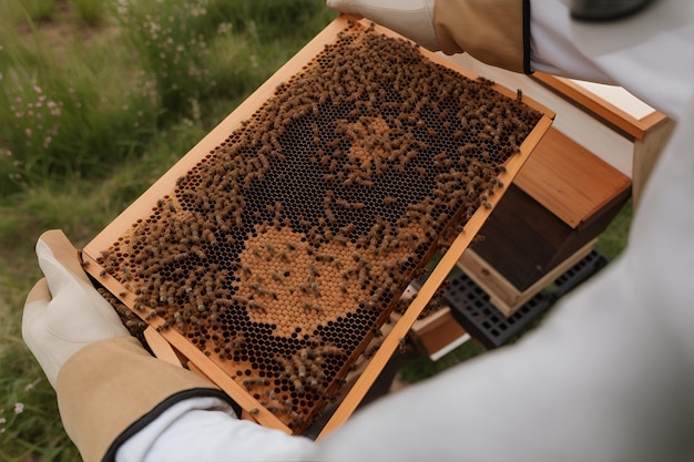 apicultor trabajando con abejas sosteniendo panal