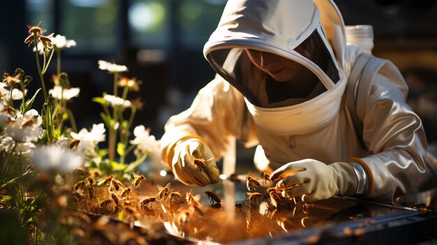 Apicultor en un traje de protección con jardín de abejas