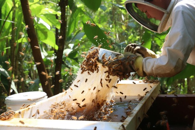 Foto la apicultora cuida de las abejas