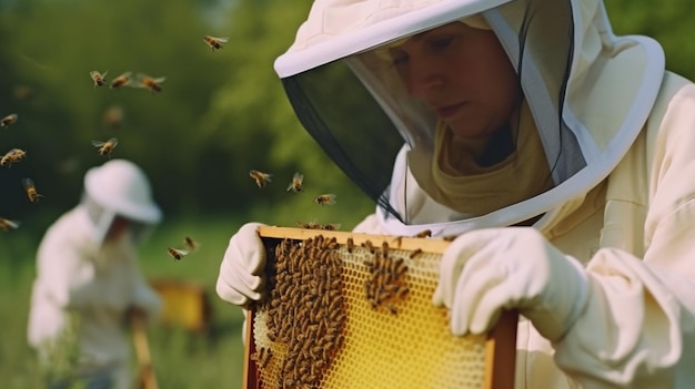 Los apicultores usan una lupa para examinar las abejas dentro de los panales de miel.