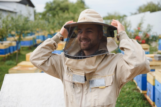 Apicultura apicultor en el trabajo abejas en vuelo