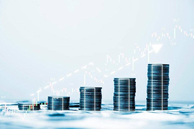 Apilamiento de monedas con un gráfico creciente del gráfico del mercado de valores para la inversión empresarial y el concepto de análisis del mercado de valores