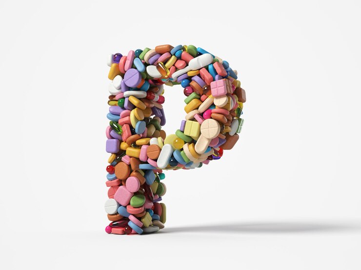 Foto se apilan diferentes píldoras en forma de letra p. adecuadas para temas de medicina, salud y ciencia. ilustración 3d, aislado sobre fondo blanco.