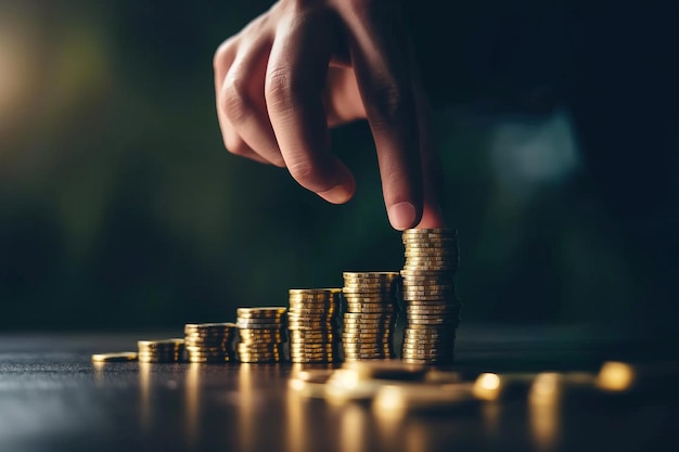 Foto apilando a mano monedas en columnas crecientes sobre un fondo oscuro