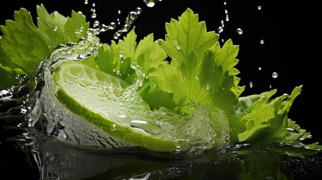 Foto apio verde fresco expuesto a salpicaduras de agua sobre fondo negro y desenfoque