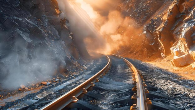 Foto aplastamiento de piedras en la cantera para crear polvo para la cubierta de la vía ferroviaria concepto operaciones de la cantera mantenimiento ferroviario producción de polvo desarrollo de la infraestructura de trituración de piedras