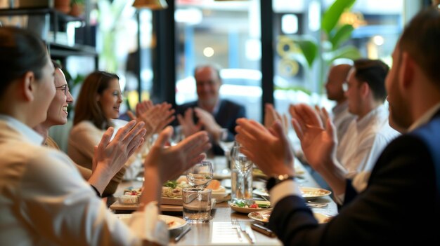 Foto aplauso para o sucesso um almoço de reunião inspira objetivos lucrativos realização colaborativa e equipe