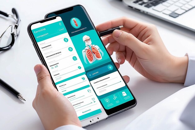 Foto aplicação de consulta médica e de saúde consulta médica em linha com médicos e profissionais médicos cuidados de saúde e conceito de tecnologia moderna paciente consultando um médico usando um aplicativo móvel