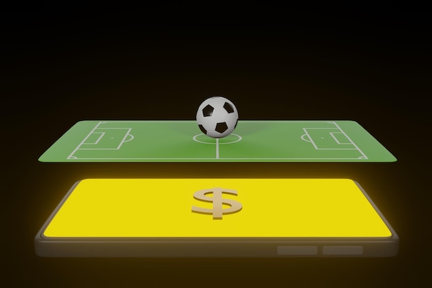 Aplicação online de futebol no smartphone Tela de campos de futebol telefone celular conceito de notícias de futebol canal de esporte renderização em 3d