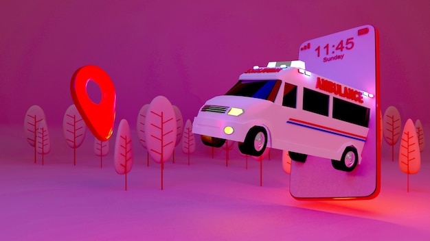 Foto aplicación de ambulancia de emergencia en el teléfono inteligente., representación 3d.