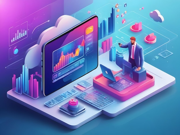 Aplicación isométrica UX de PC y teléfono con gráfico de negocios y datos analíticos