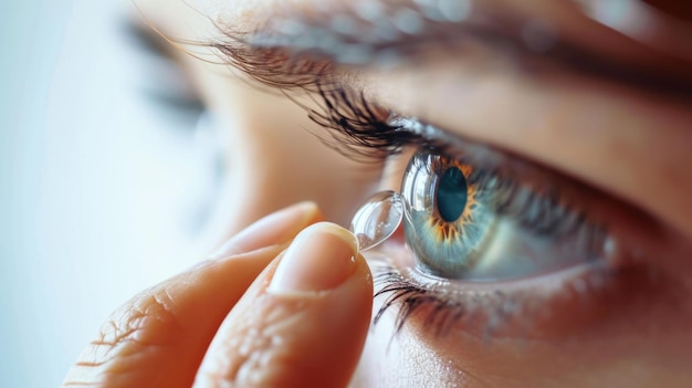 Aplicación de lentes de contacto a los ojos de primer plano