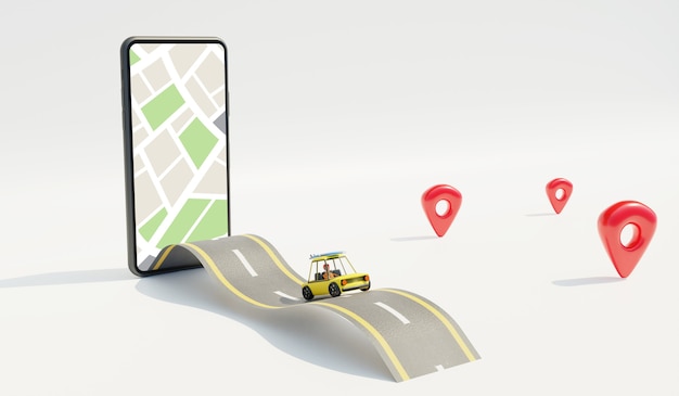 Aplicación de mapas en el teléfono inteligente y el automóvil en la carretera.