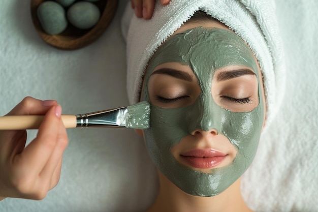 La aplicación de una máscara de arcilla verde rostro de mujer con los ojos cerrados mimados