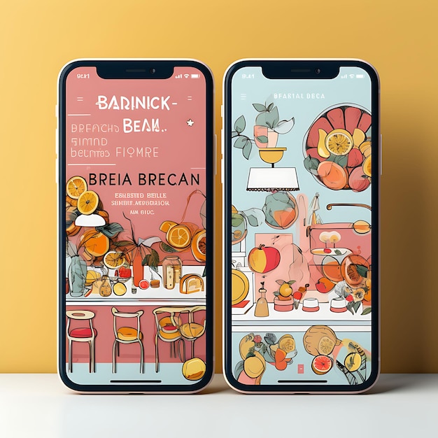 Aplicación móvil de Brunch Bazaar Diseño moderno y ecléctico con un enfoque en el menú de comida y bebida de Bru