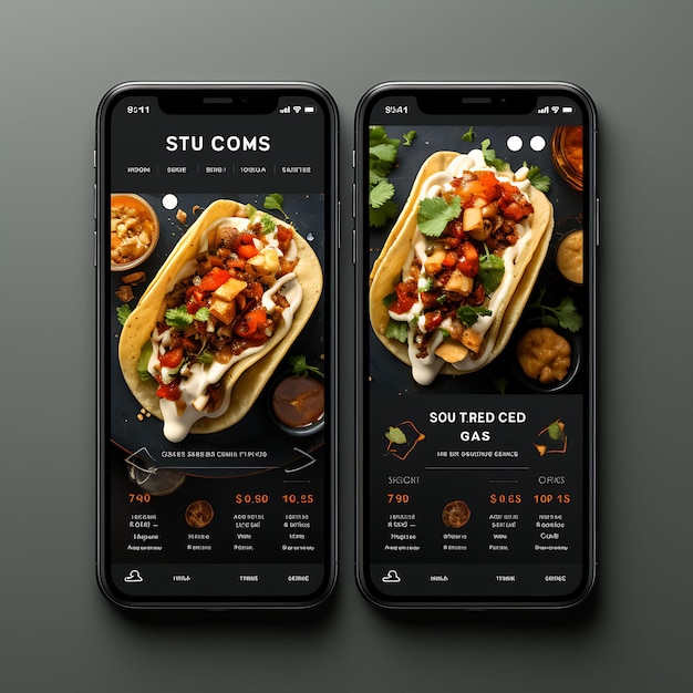 Aplicación móvil de Gourmet Tacos Gourmet Taco Concept Design Moderno y elegante un menú de comida y bebida