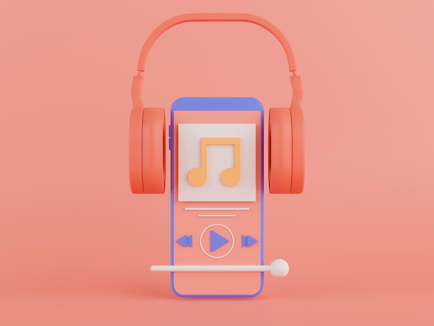 Aplicación de música de renderizado 3D en un teléfono inteligente con auriculares sobre fondo rosa