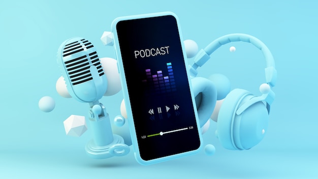 Aplicación de podcast para smartphone con auriculares azules y micrófono render 3d