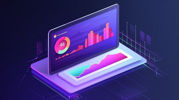 Foto aplicación de portátiles con gráficos de negocios y análisis 3d