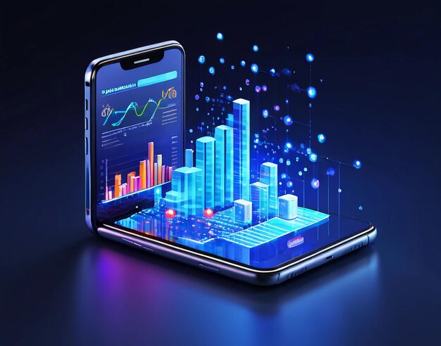 Foto aplicación de smartphone con gráficos de negocios y datos analíticos en un teléfono móvil isométrico