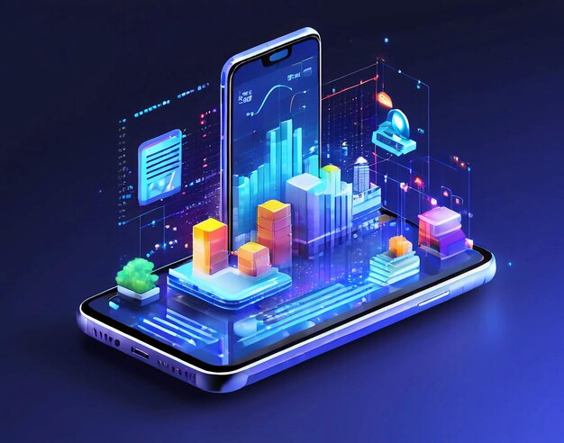 Foto aplicación de smartphone con gráficos de negocios y datos analíticos en un teléfono móvil isométrico