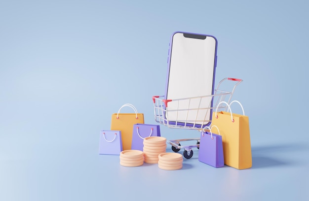 Aplicación de teléfono móvil en carro con bolsa de compras tienda de compras sobre fondo azul cielo descuento promoción venta banner cliente dibujos animados mínimos 3d render ilustración