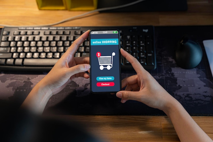 Foto aplicación de tienda en línea de compras en línea en un teléfono inteligente compras en línea las 24 horas en un teléfono inteligente marketing digital en tienda en línea y tecnología de pago electrónico