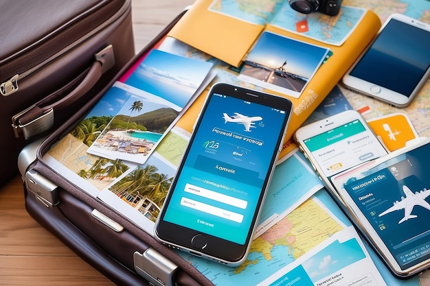 Aplicación de viajes, turismo y reserva de equipos de viaje y equipaje en un teléfono inteligente móvil con pantalla táctil
