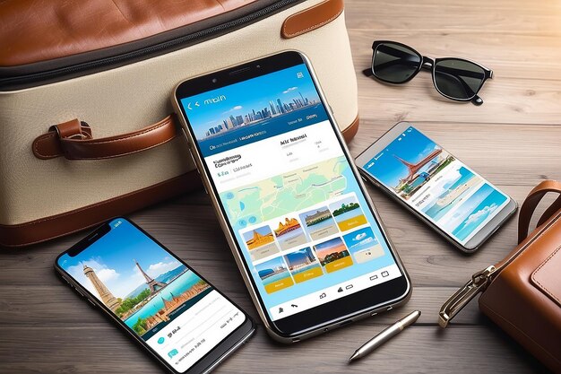 Aplicación de viajes, turismo y reserva de equipos de viaje y equipaje en un teléfono inteligente móvil con pantalla táctil