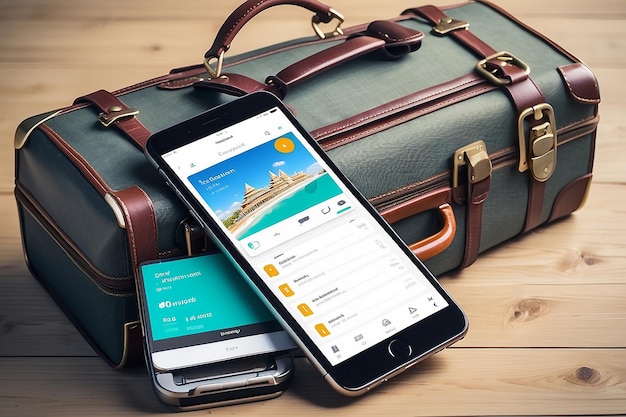 Aplicación de viajes, turismo y reserva de equipos de viaje y equipaje en un teléfono inteligente móvil con pantalla táctil