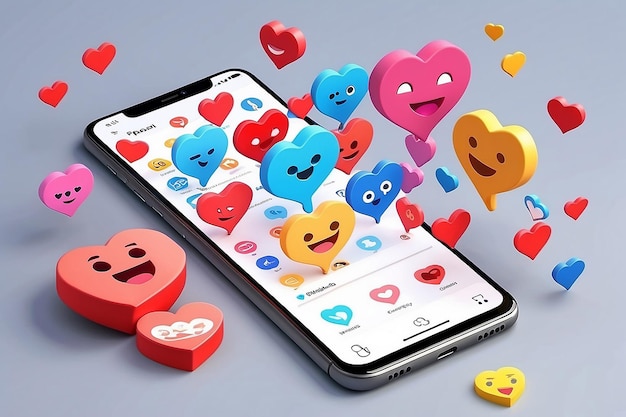 Aplicaciones de comunicación social en línea 3D Plataforma de redes sociales aplicación con corazones emoji en el móvil