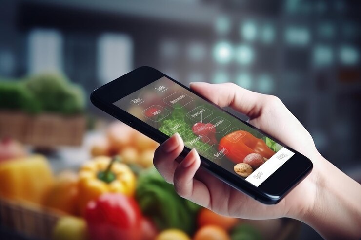 Foto aplicaciones móviles y compras de comercio electrónico compras en línea moda compra de comestibles carrito de compras en línea comestibles en teléfonos inteligentes tecnología de compras en línea pago digital desde el teléfono móvil