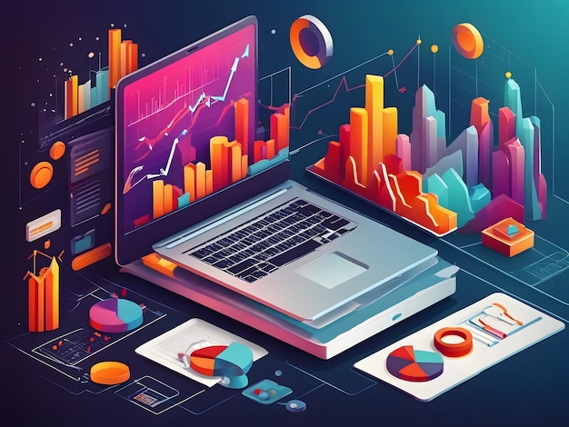 Aplicações de laptops com gráficos de negócios e dados analíticos em laptops isométricos