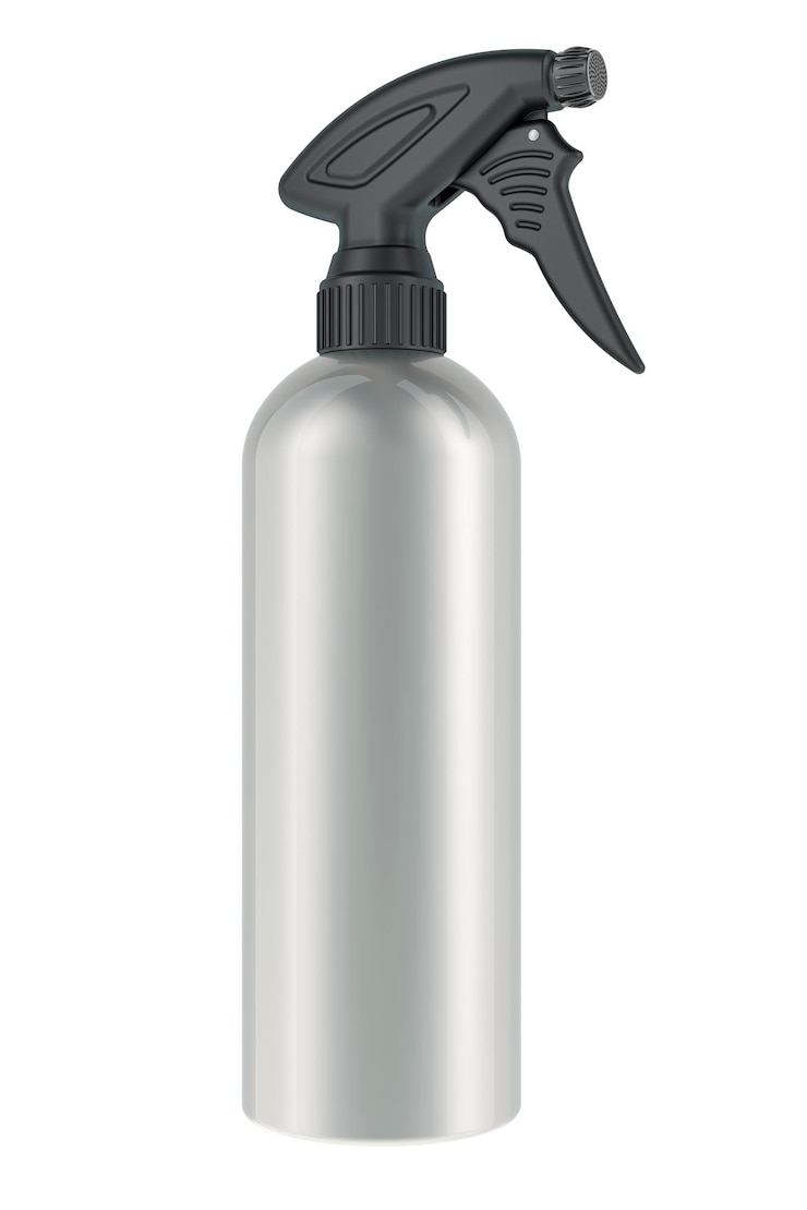 Foto aplicador de frasco de spray de alumínio com bico para modelagem e coloração de cabelo, renderização 3d
