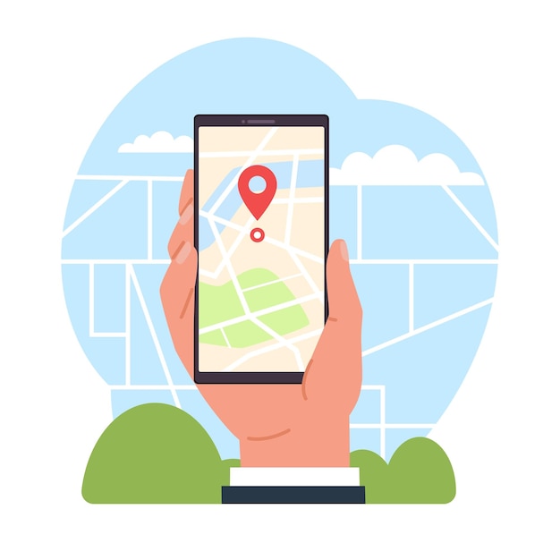 Aplicativo de navegação de telefone com mapa e ponteiro de localização Smartphone portátil com ruas da cidade na tela do dispositivo Aplicativo Gprs Aplicativo navigador on-line Ilustração plana de desenho animado Conceito vetorial
