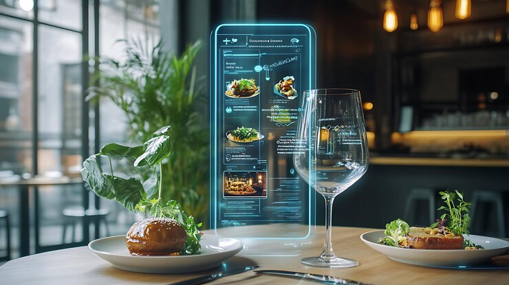 Foto aplicativo de realidade aumentada que exibe informações digitais em um restaurante