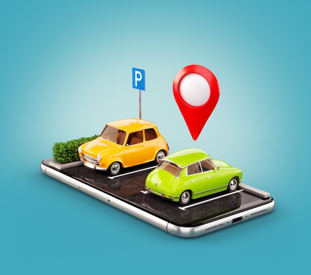 Aplicativo de smartphone incomum de ilustração em 3D para pesquisa on-line de estacionamento gratuito no mapa.