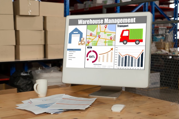 Foto aplicativo de software de gerenciamento de armazém em computador para monitoramento em tempo real
