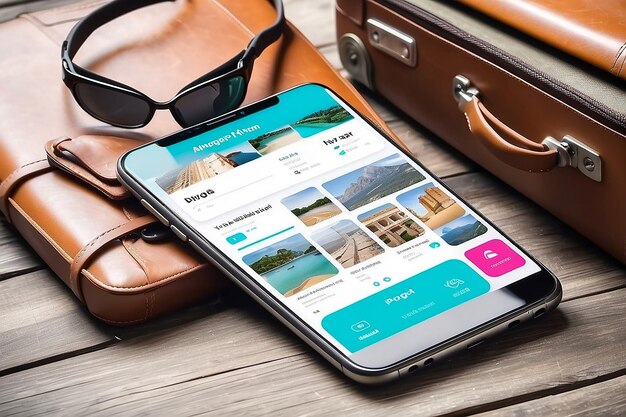 Aplicativo de viagem, turismo e reserva de equipamentos de viagem e bagagem num smartphone com ecrã sensível ao toque